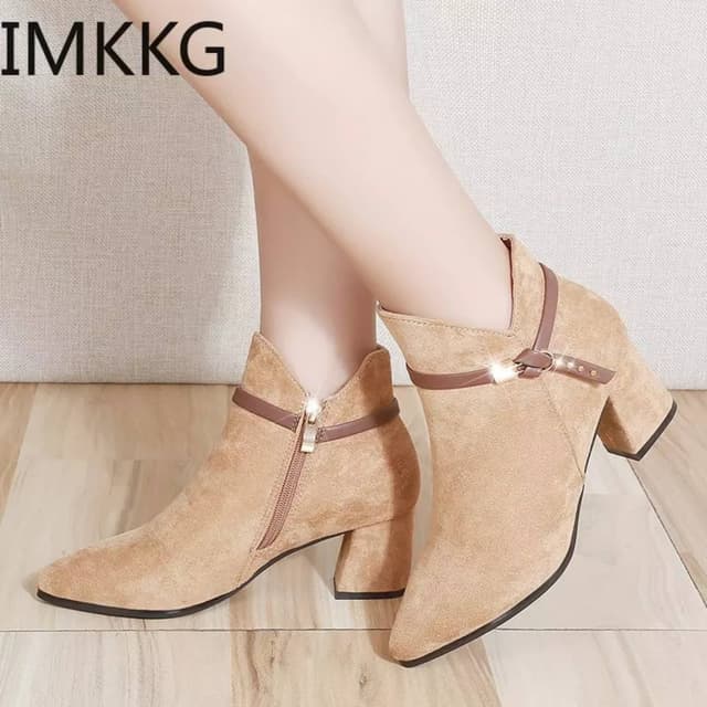 Luxurious Winter New Boots Pointed Thick Heel Side Zipper Belt Buckle Ankle Boots