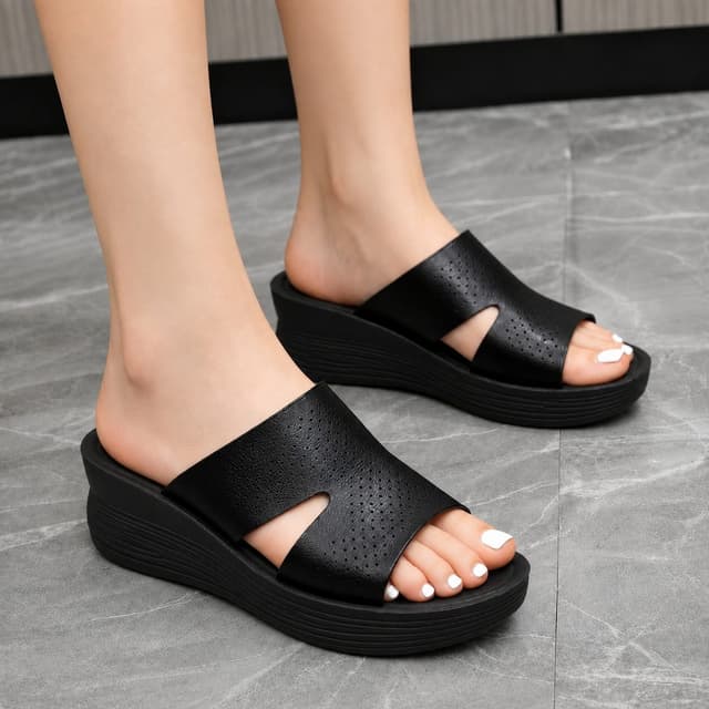 Elegant Women’s Perforated Wide-Band Platform Wedge Slide Sandals – Classic Black