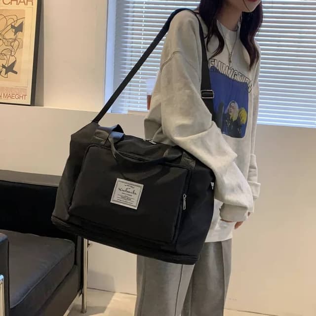 Large Capacity Folding Travel Bag Portable Lightweight Waterproof Oxford Duffel Fabric Bag Dry Wet Separation Shoulder Bag