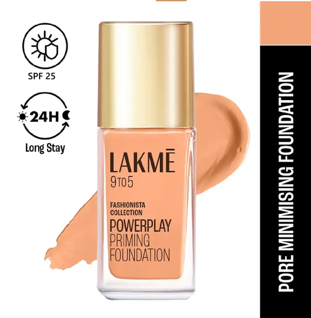 Lakme 9 to 5 Powerplay Priming Foundation, Built In Primer, SPF 25, Warm Sand (25ml)