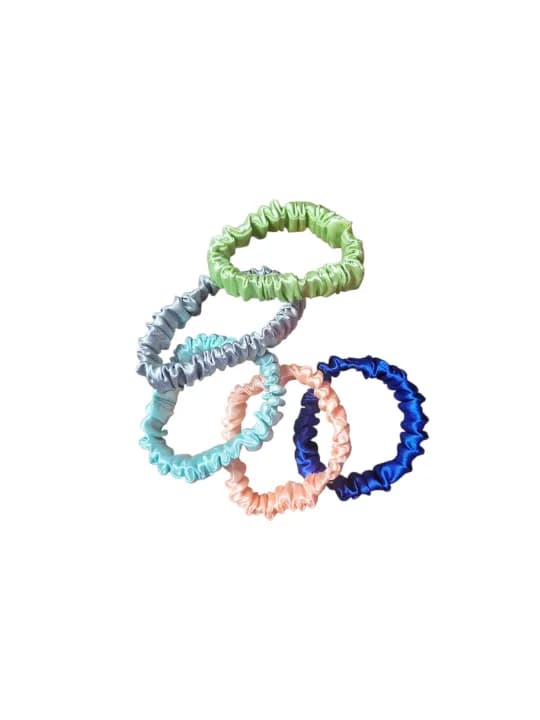 Set Of 5 Different Color Moss Silk Skinny Scrunchies