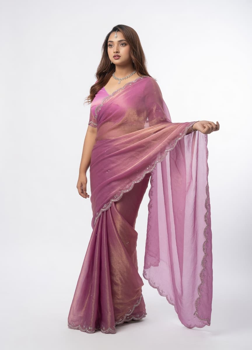 Pwear Pink-Purple Ombre Georgette Saree | Full Drape View with Blouse 1