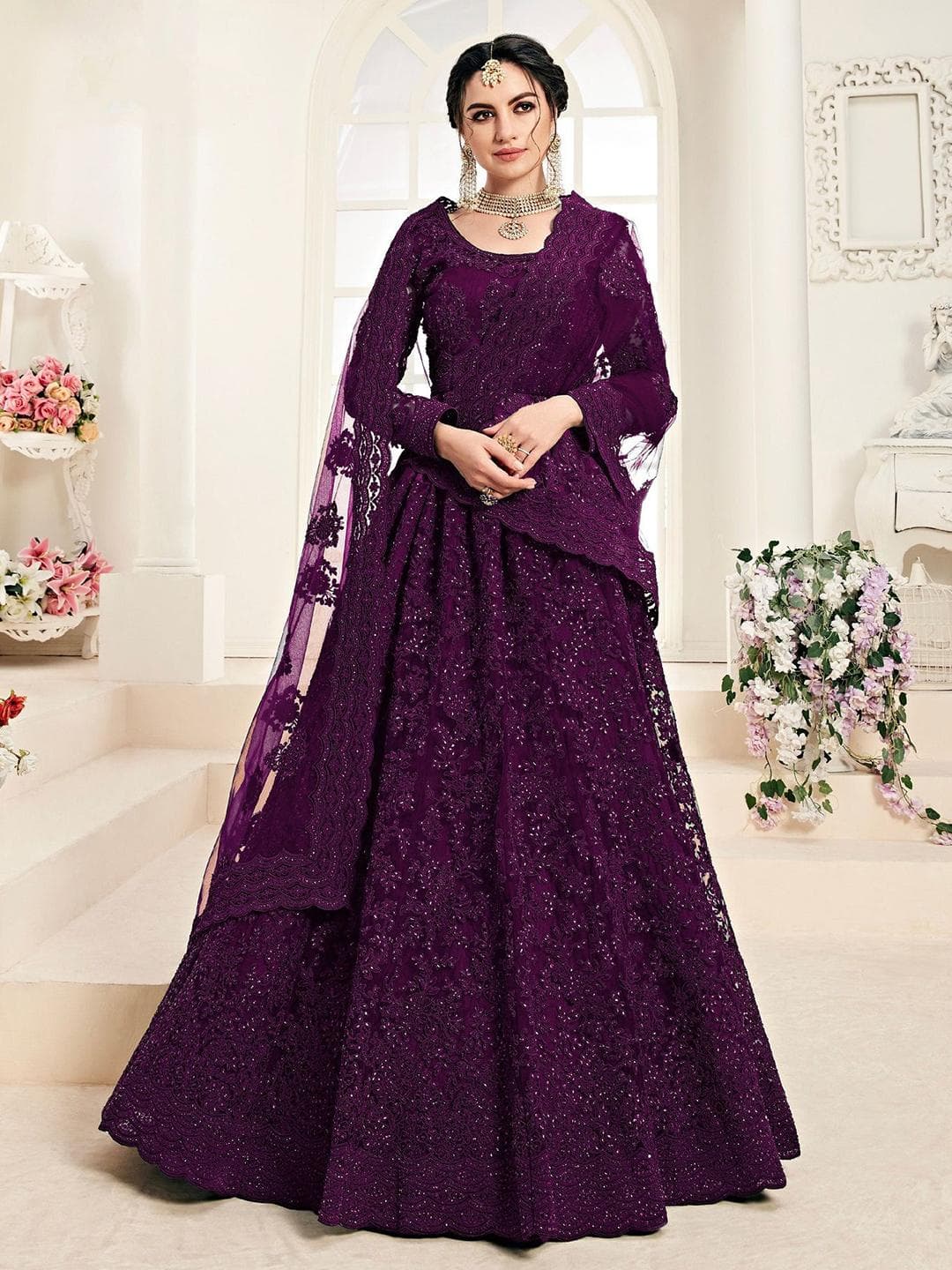 Embroidered Self Design Net Semi Stitched Lehenga Choli For Women - Wine Color | Fashion Net Lehenga For Women