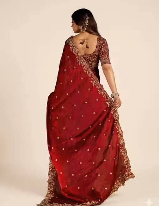 Heavy Zari work Embroidery silk saree party wear and wedding saree with stiched  blouse in Red color| Available in Multi color | Trendy Party & Festive Wear | Traditional Ethnic Fashion | Buy Online 4