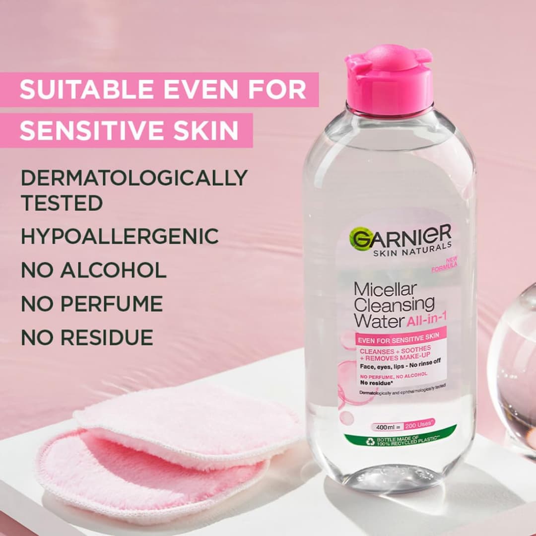 Garnier Micellar Cleansing Water For Sensitive Skin | Make-Up Remover & Cleanser - Removes makeup, dirt & impurities & Hydrates Skin 400ml 1