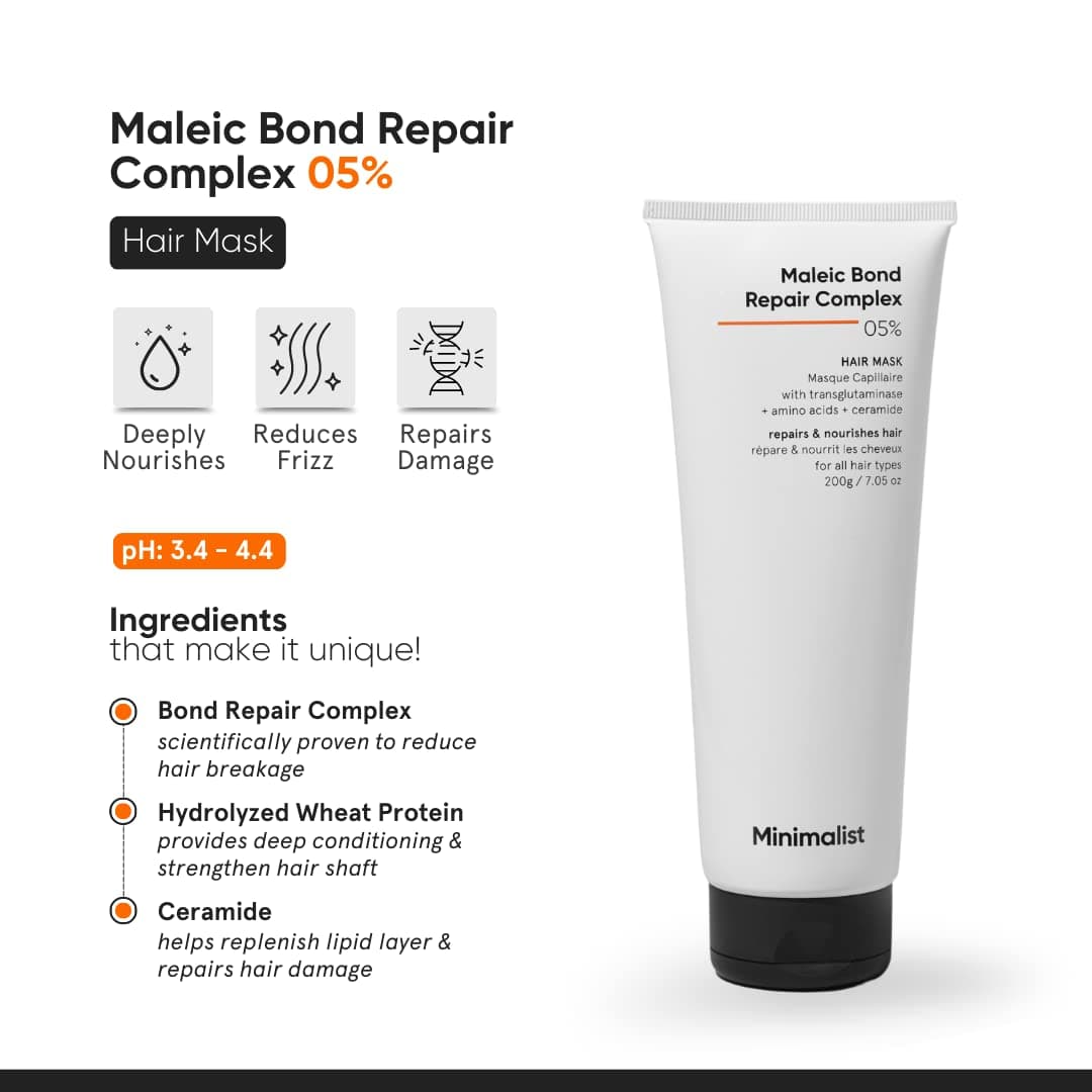 Minimalist Hair Mask for Damaged Hair & Frizzy Hair | Post Shampoo | Maleic Bond Repair Complex 5% | Transglutaminase, Amino Acids & Ceramides | For Women & Men | 7.05 Oz/200 gm 1