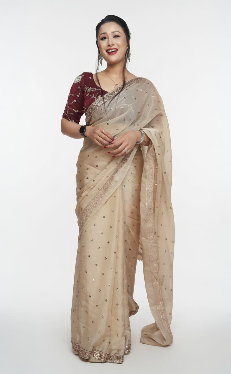 Pakistani Fandi silk saree with blouse design for girls
