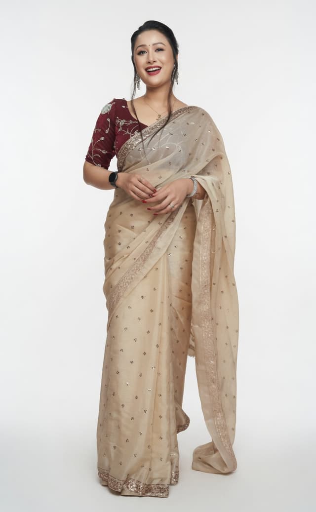 Pakistani Fandi silk saree with blouse design for girls