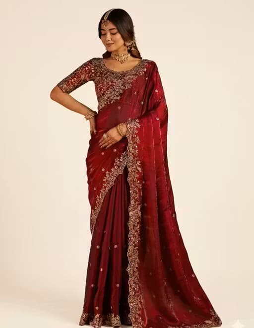 Heavy Zari work Embroidery silk saree party wear and wedding saree with stiched  blouse in Red color| Available in Multi color | Trendy Party & Festive Wear | Traditional Ethnic Fashion | Buy Online 2