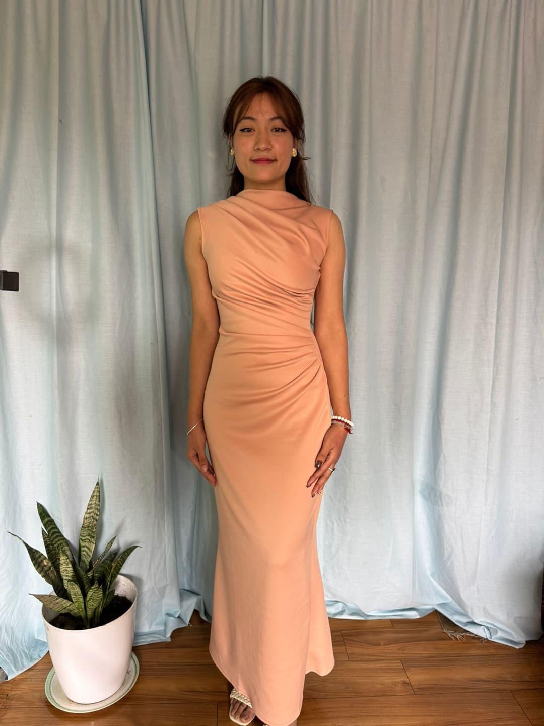 S Cube Collection Off-Shoulder Bodycon Dress with Ruched Waist & Shoulder