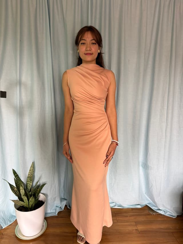 S Cube Collection Off-Shoulder Bodycon Dress with Ruched Waist & Shoulder