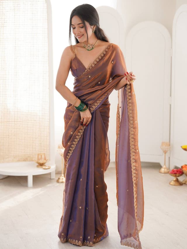 Women's Paper Silk Rose Gold Embellished Designer Saree With Unstitched Blouse