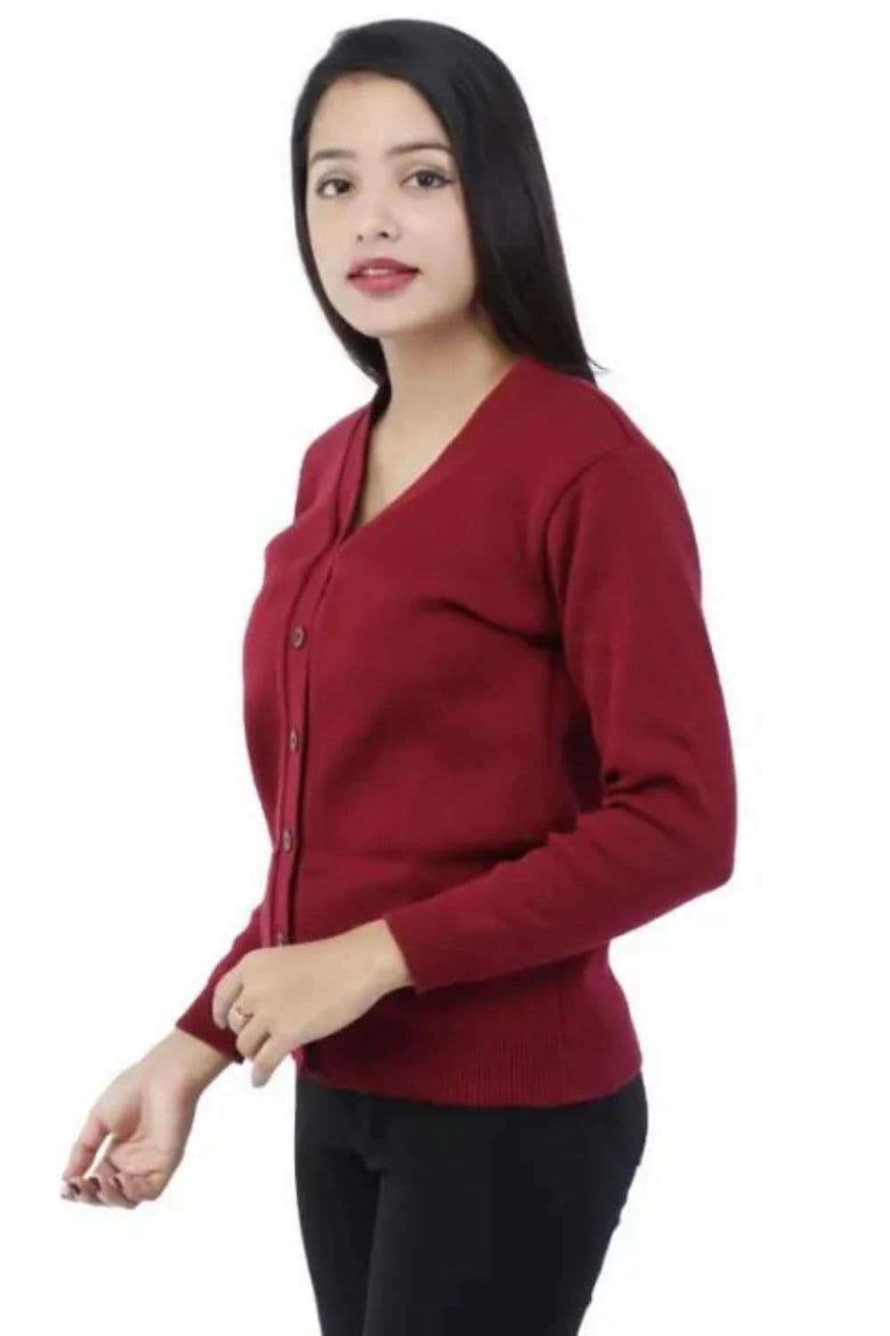 Women's Solid V-Neck Buttoned Front Long Sleeve Knitted Sweater Casual Winter Wear 1