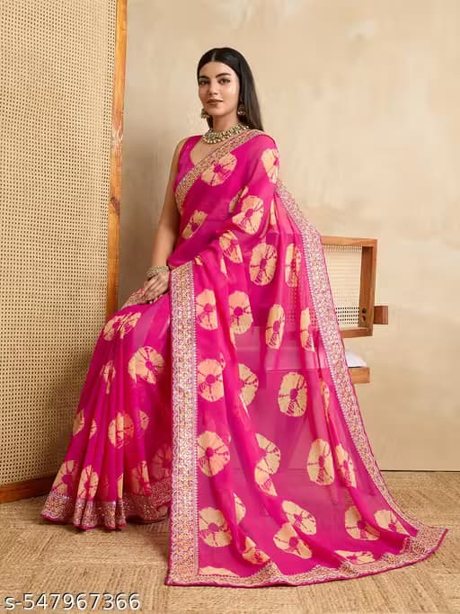 Bandhani Print Georgette Saree with Embroidered Border and Blouse Piece 2