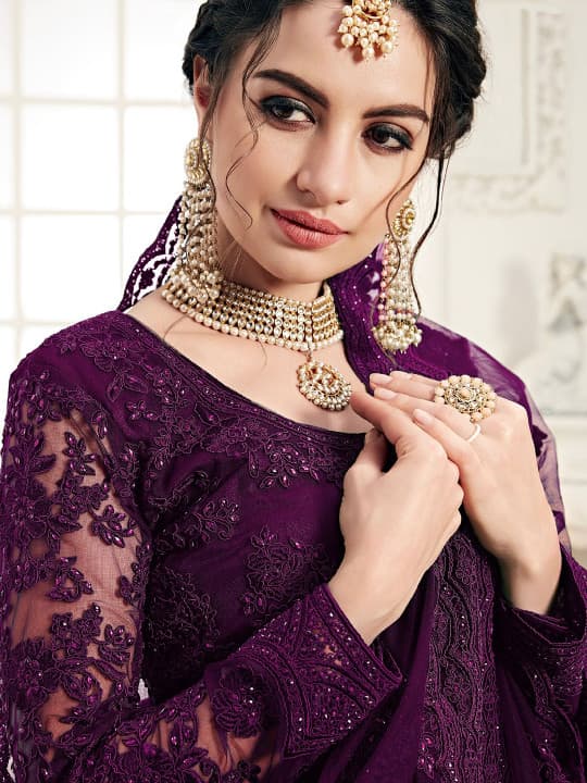 Embroidered Self Design Net Semi Stitched Lehenga Choli For Women - Wine Color | Fashion Net Lehenga For Women 5