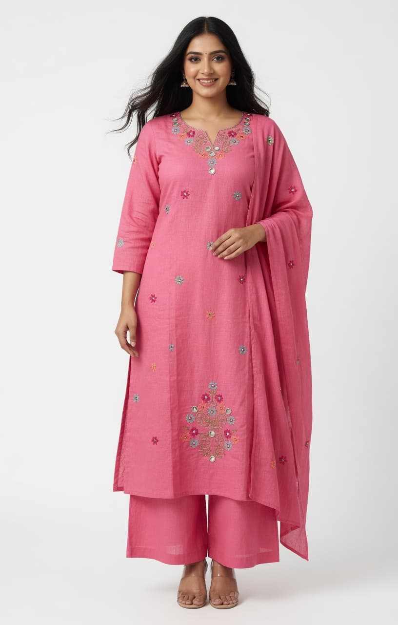 Pink cotton Kurti sets summer Frindly hank work 1