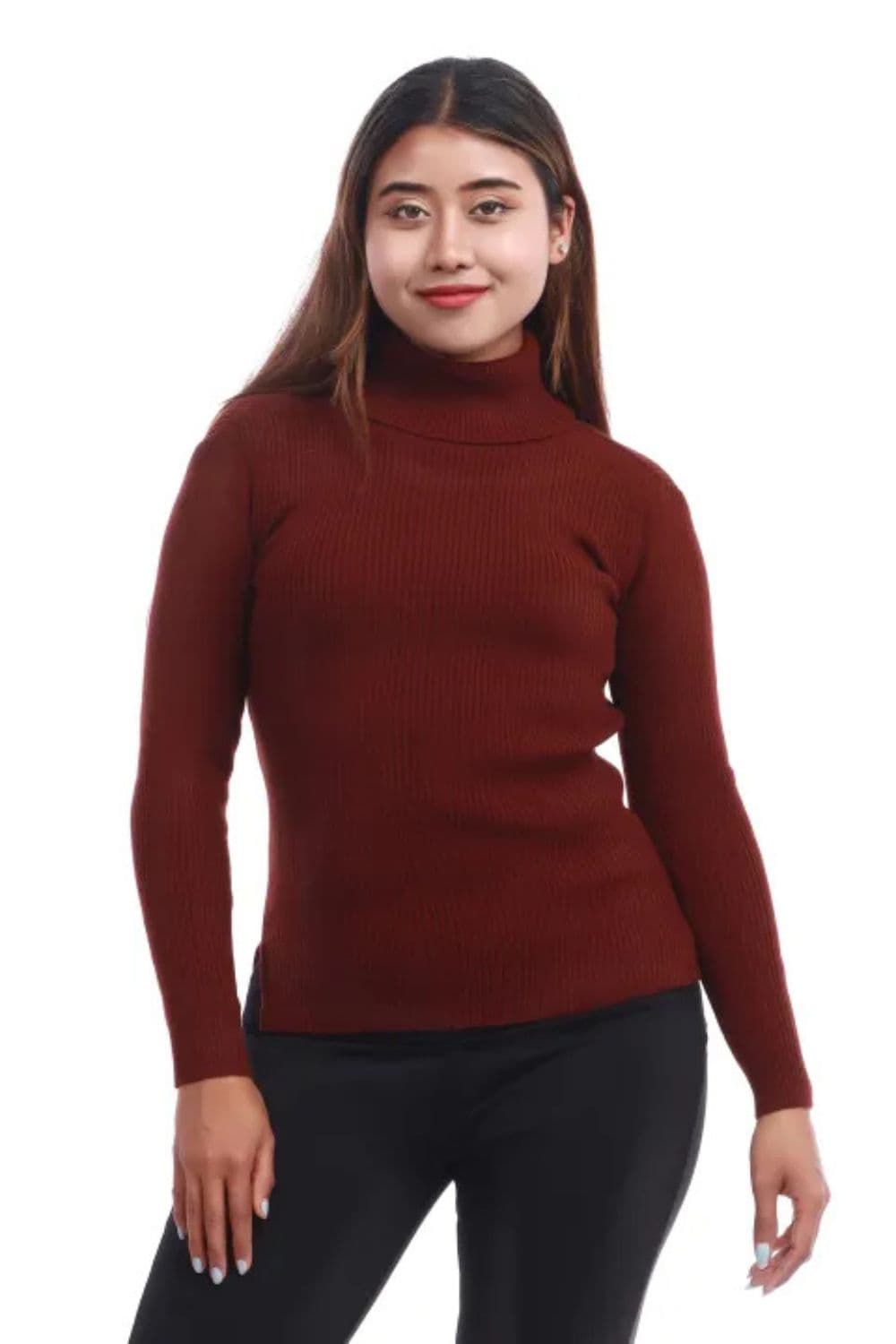 Brown Color Acrylic Woolen Handloom Full Sleeves High Neck For Women