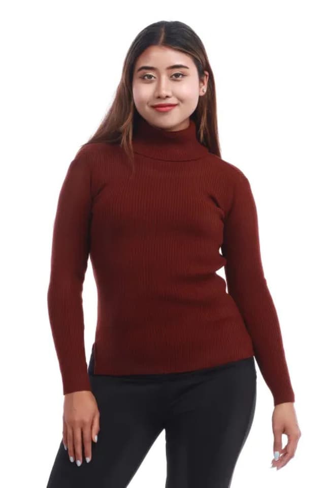 Brown Color Acrylic Woolen Handloom Full Sleeves High Neck For Women