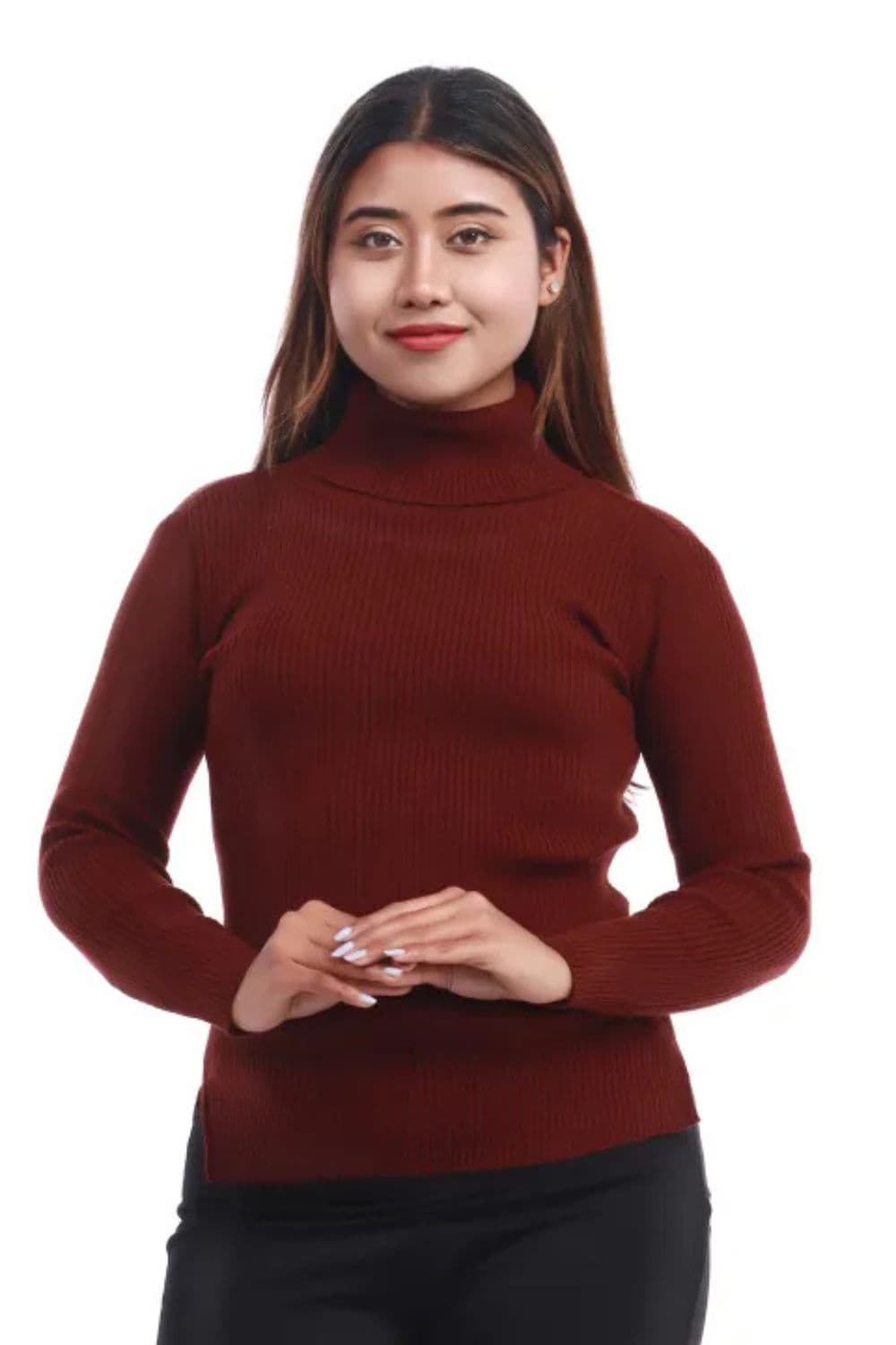 Brown Color Acrylic Woolen Handloom Full Sleeves High Neck For Women 1