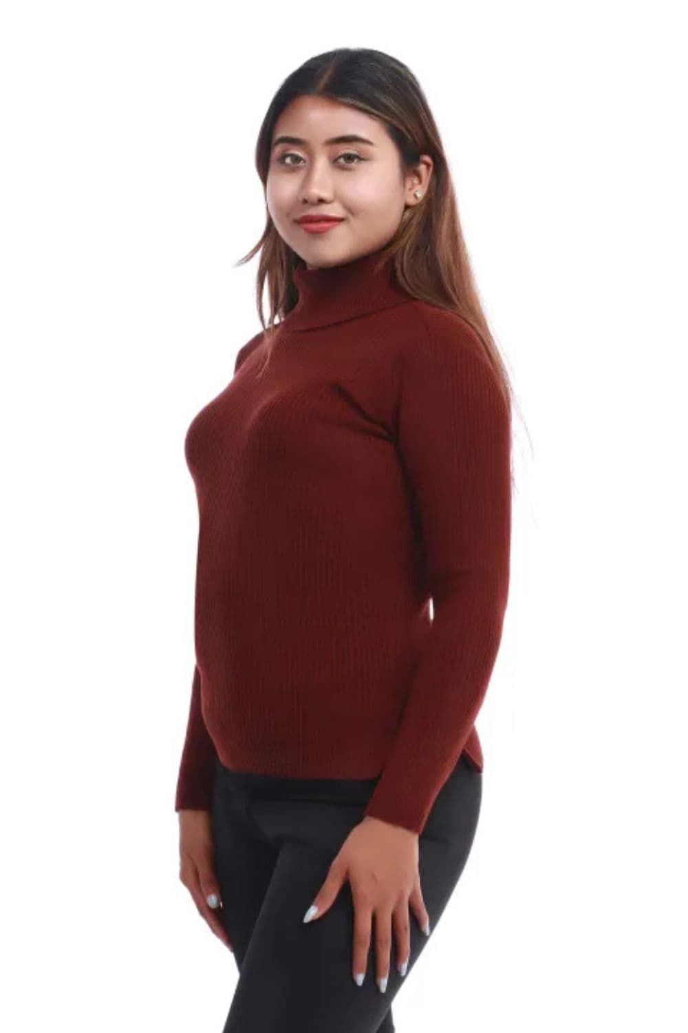 Brown Color Acrylic Woolen Handloom Full Sleeves High Neck For Women 2