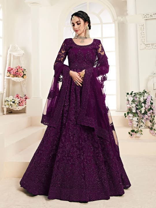 Embroidered Self Design Net Semi Stitched Lehenga Choli For Women - Wine Color | Fashion Net Lehenga For Women 3