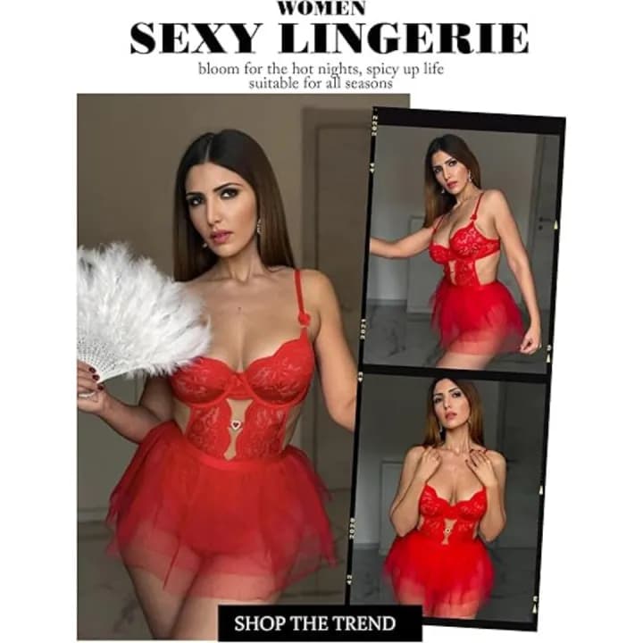 Lingerie Set Lace Underwired Bodysuit with Detachable Mesh Mini Skirt Push Up Teddy Lingerie Red Color Free Size 2
