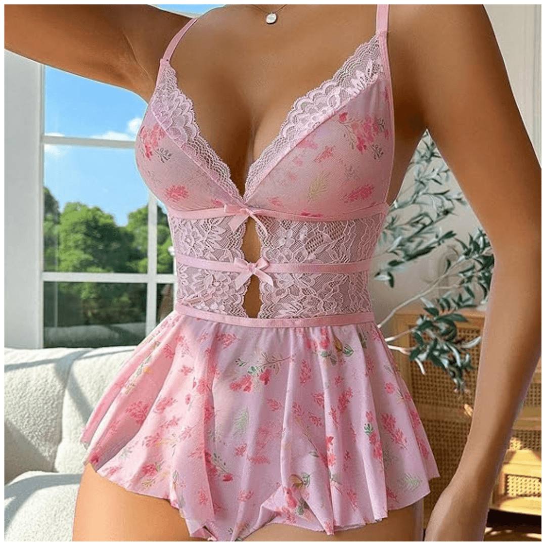 Daisy Lace Babydoll Nightwear - Women's Floral Chemise One-Piece with Lace Babydoll Lingerie Mesh Wedding Nightie Bridal Dress Honeymoon Valentine Nightdress Free Size Pink Color 4