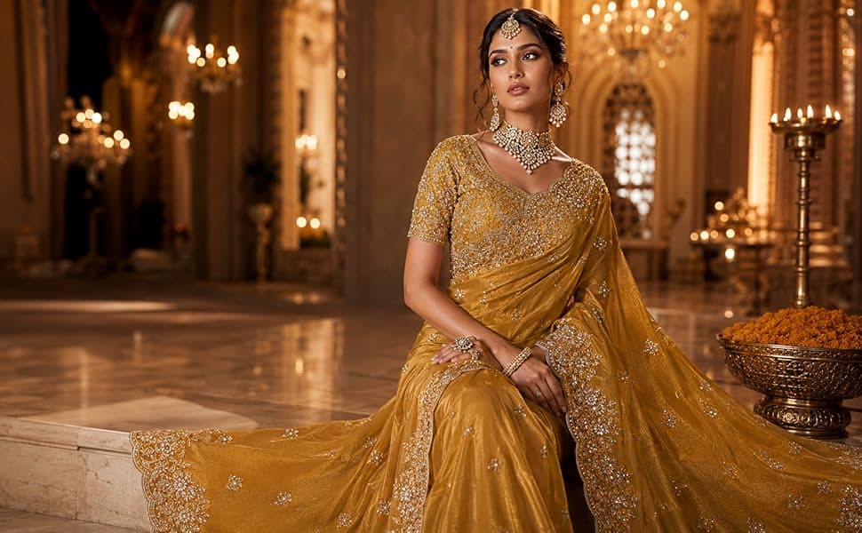 Women's Silk Saree with Embroidered Blouse Piece, Traditional Parte Wear with Gold Border and Hand Work 7
