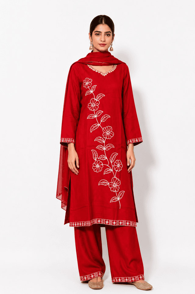 Red kurta set Premium Cotton Straight Kurta with Pants and Dupatta Set | Ethnic Set
