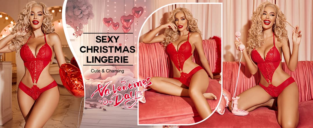 Women Deep V Lingerie Lace Teddy One Piece Babydoll Mini Bodysuit Free Size Red Color 4