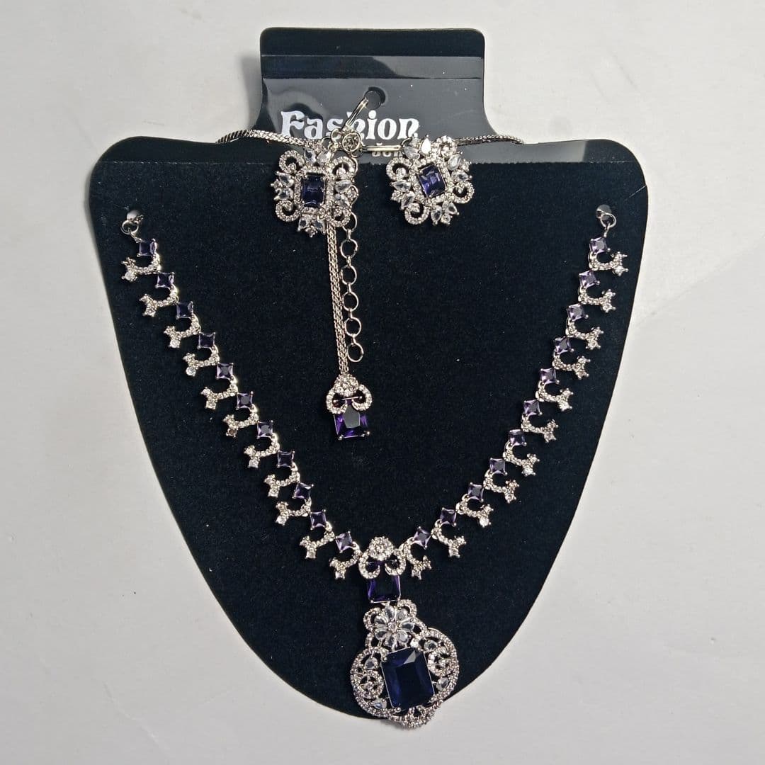 Women's Fashion Jewelry Set – Silver Plated Necklace, Earrings & Maang Tikka with Blue Stones – Bridal & Party Wear 1
