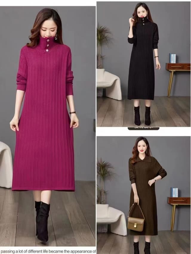Woolen button neck dress for women