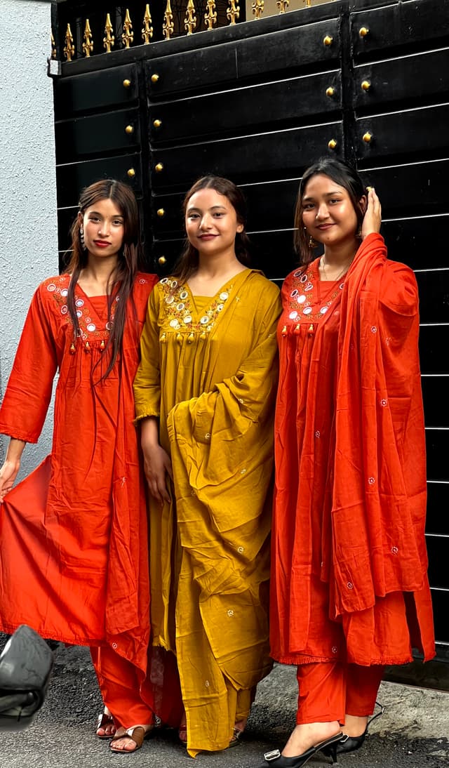 Women's Mirror Work Cotton Kurta Set with Dupatta - Multicolor