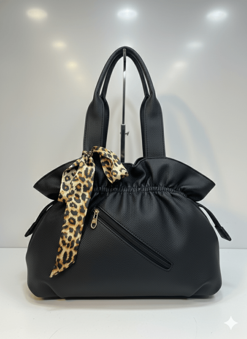 Elegant Black Tote Bag with Decorative Scarf 1