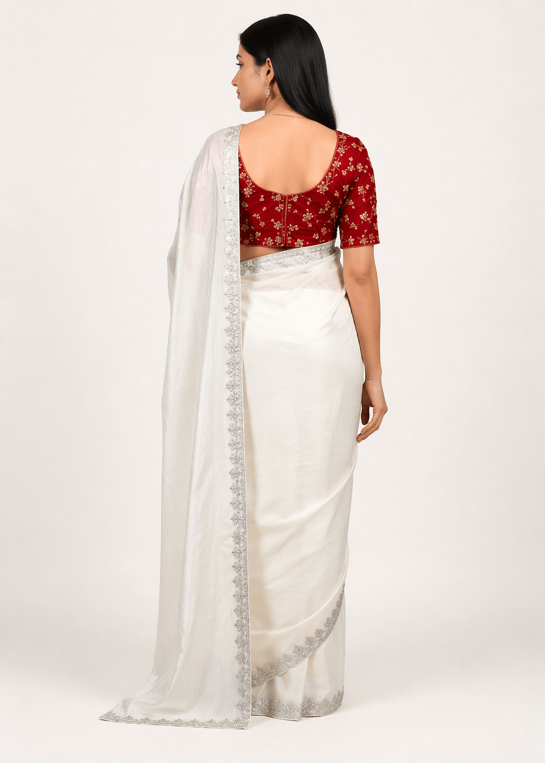 Elegant Silver Blue Georgette Saree with Sequin Work & Designer Blouse White 2