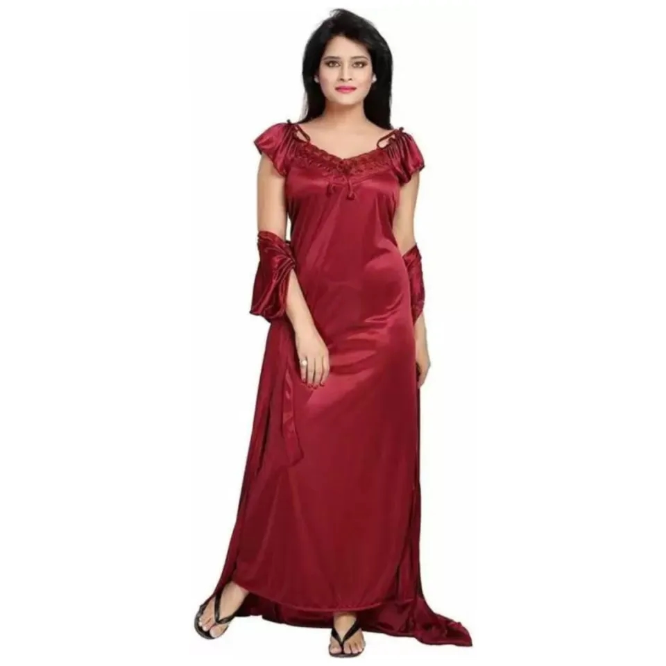 Silk Bridal Nightgown Set Stylish Fancy Bridal Nighty Set For Women Free Size ( mahroon) color 3