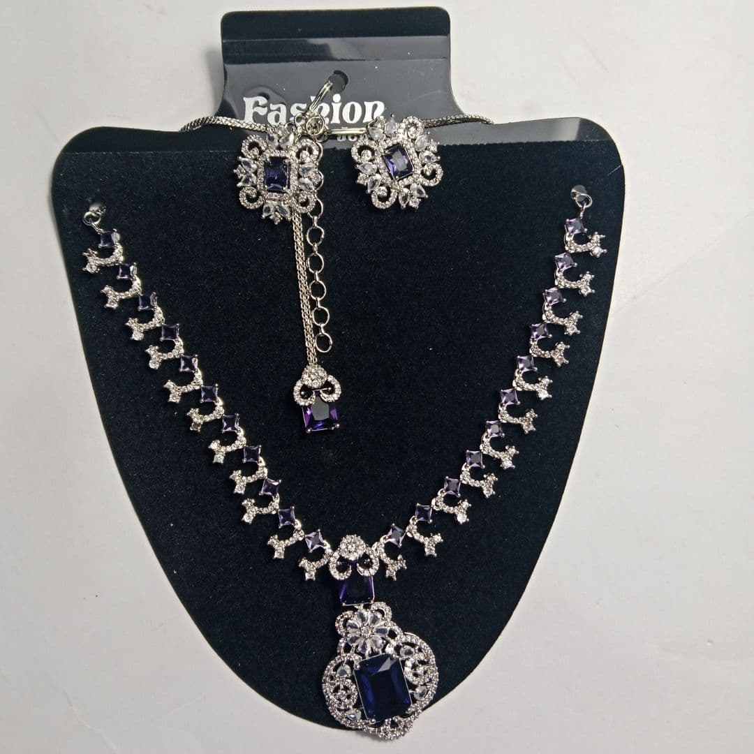 Women's Fashion Jewelry Set – Silver Plated Necklace, Earrings & Maang Tikka with Blue Stones – Bridal & Party Wear 3
