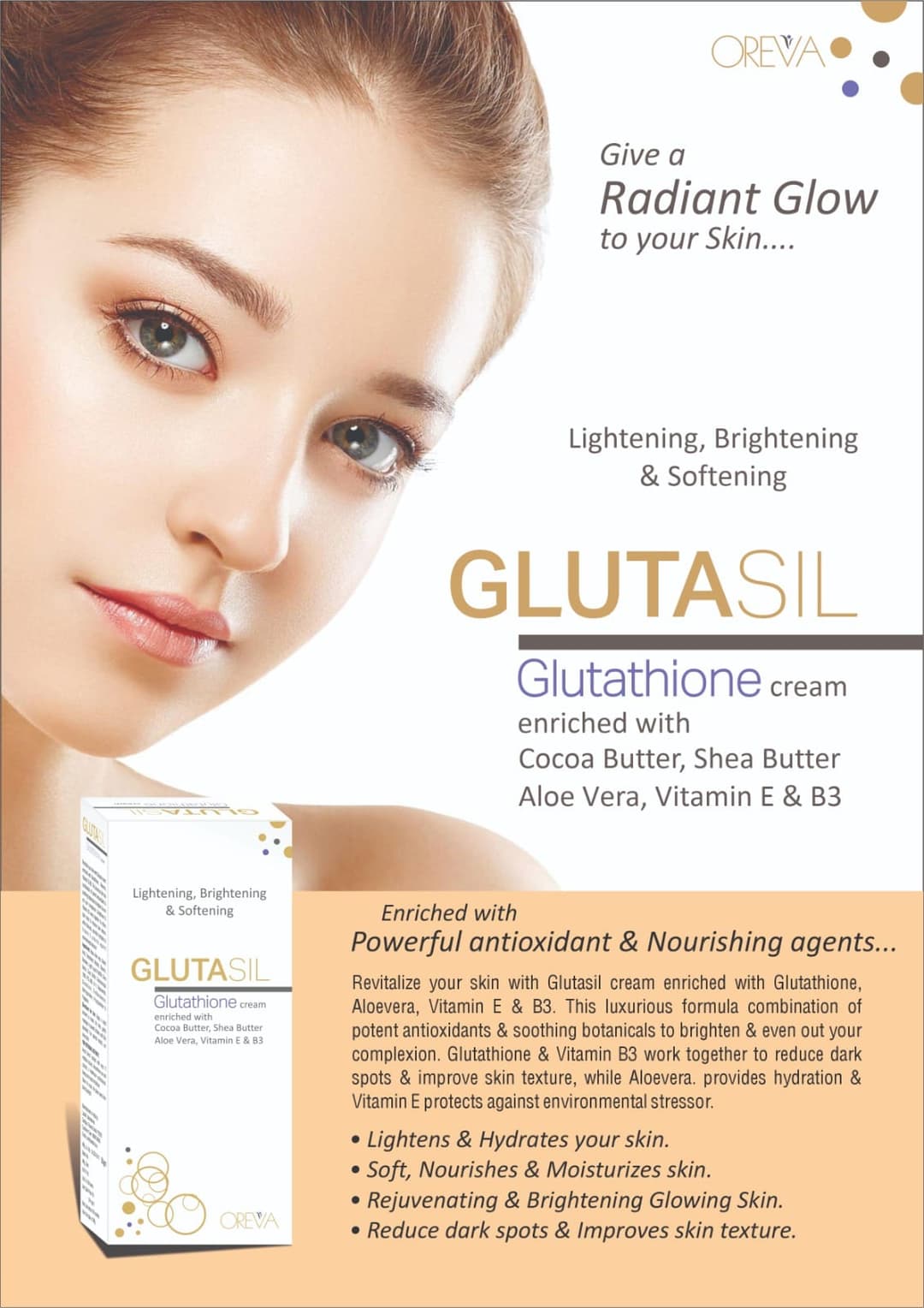 Oreva Derma Care Glutasil Cream 30g – Gluta Cream For Lightening & Brightening Skin Tone | Reduces Dark Spots & Improves Skin Texture 1