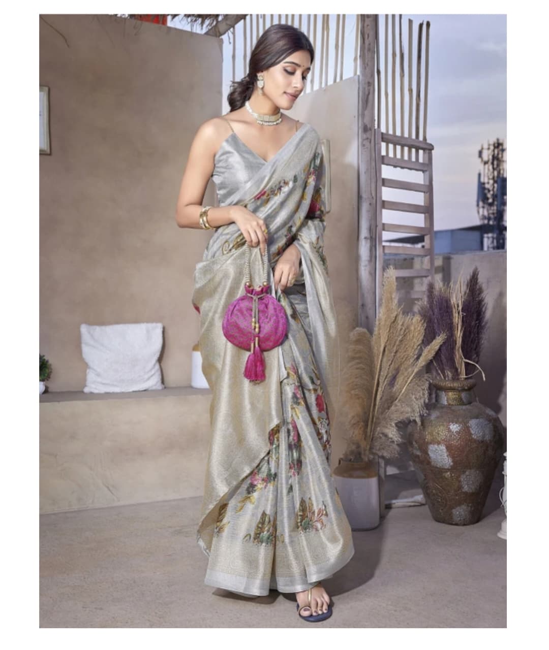 Awafu Floral Printed Art Silk Saree With Blouse