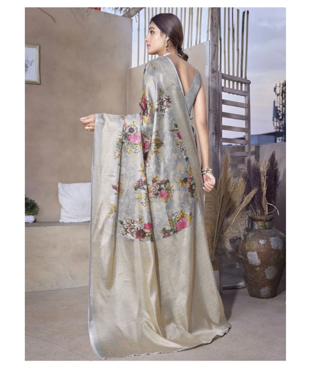 Awafu Floral Printed Art Silk Saree With Blouse 2