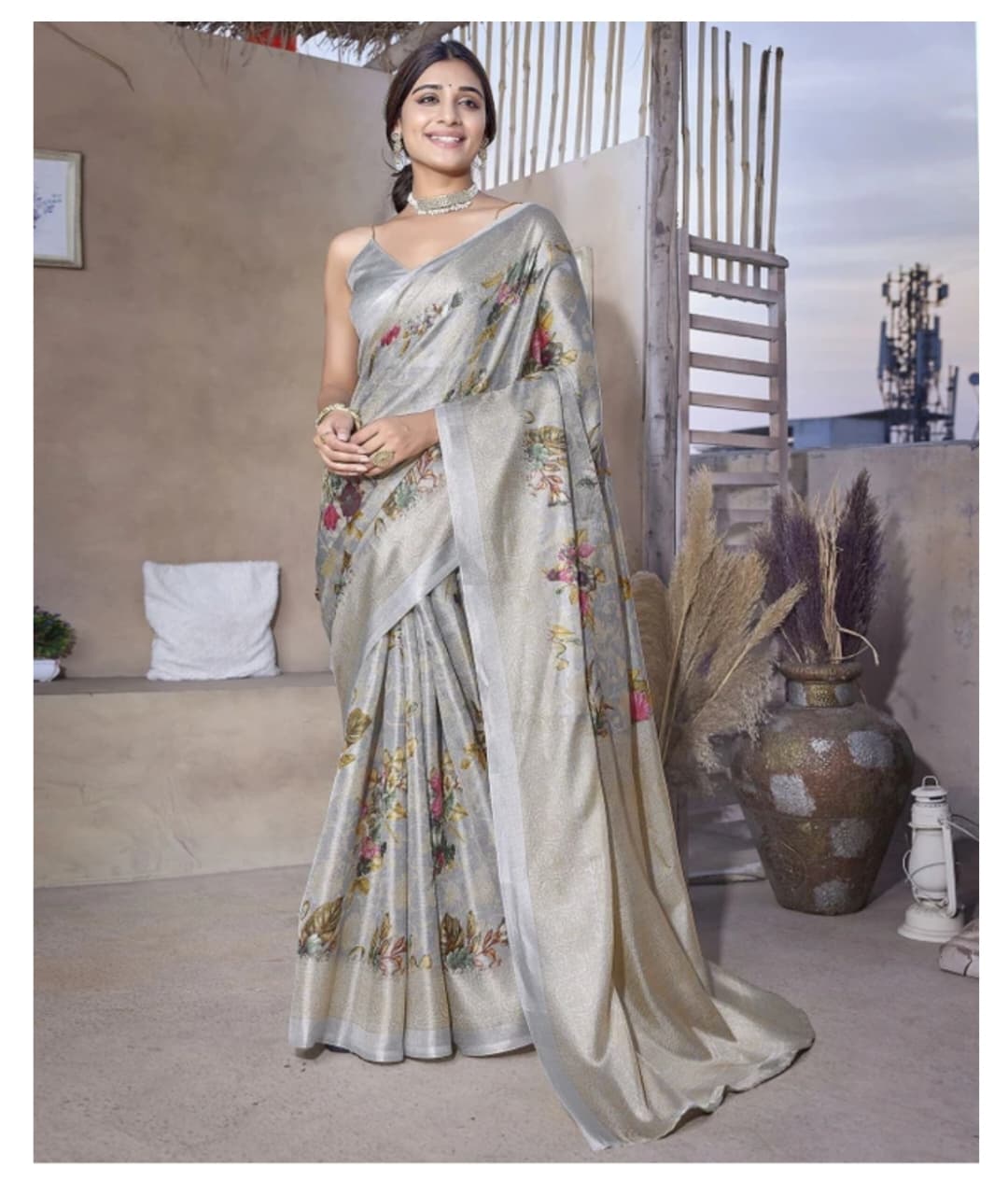 Awafu Floral Printed Art Silk Saree With Blouse 1