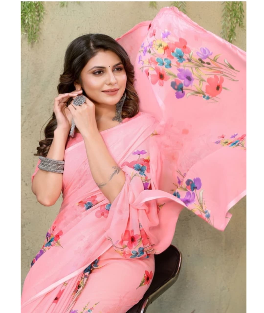 Awafu Floral Printed Art Silk Saree With Blouse