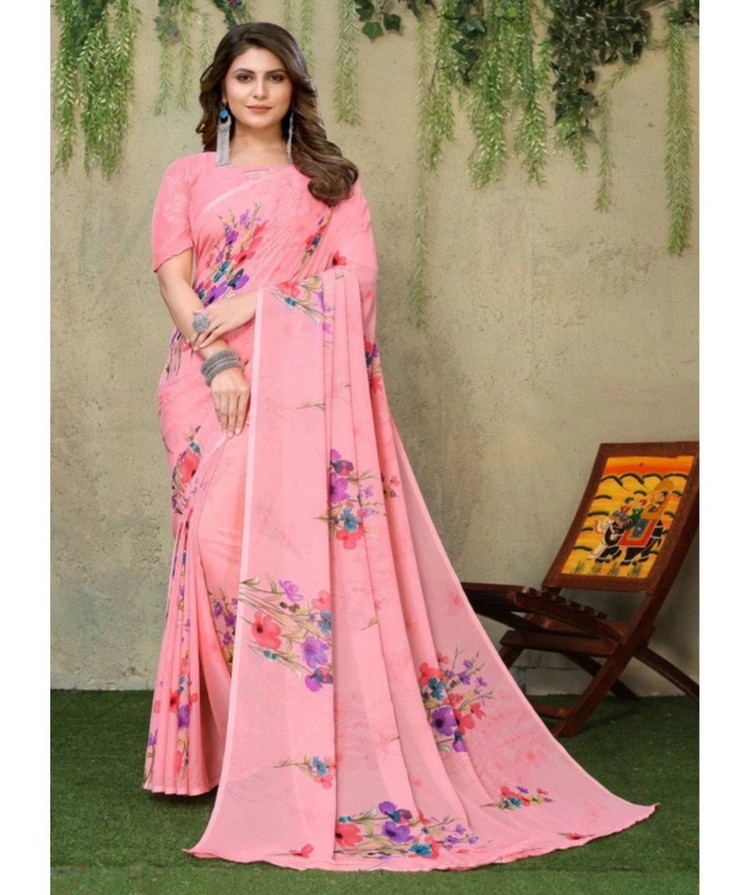Awafu Floral Printed Art Silk Saree With Blouse 3