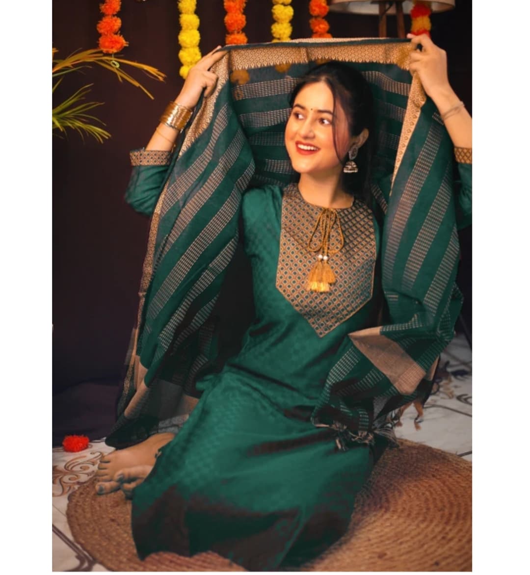 Awafu Readymade Women Wool Cotton Kurti Pant Dupatta Set , Kurta Salwar 3