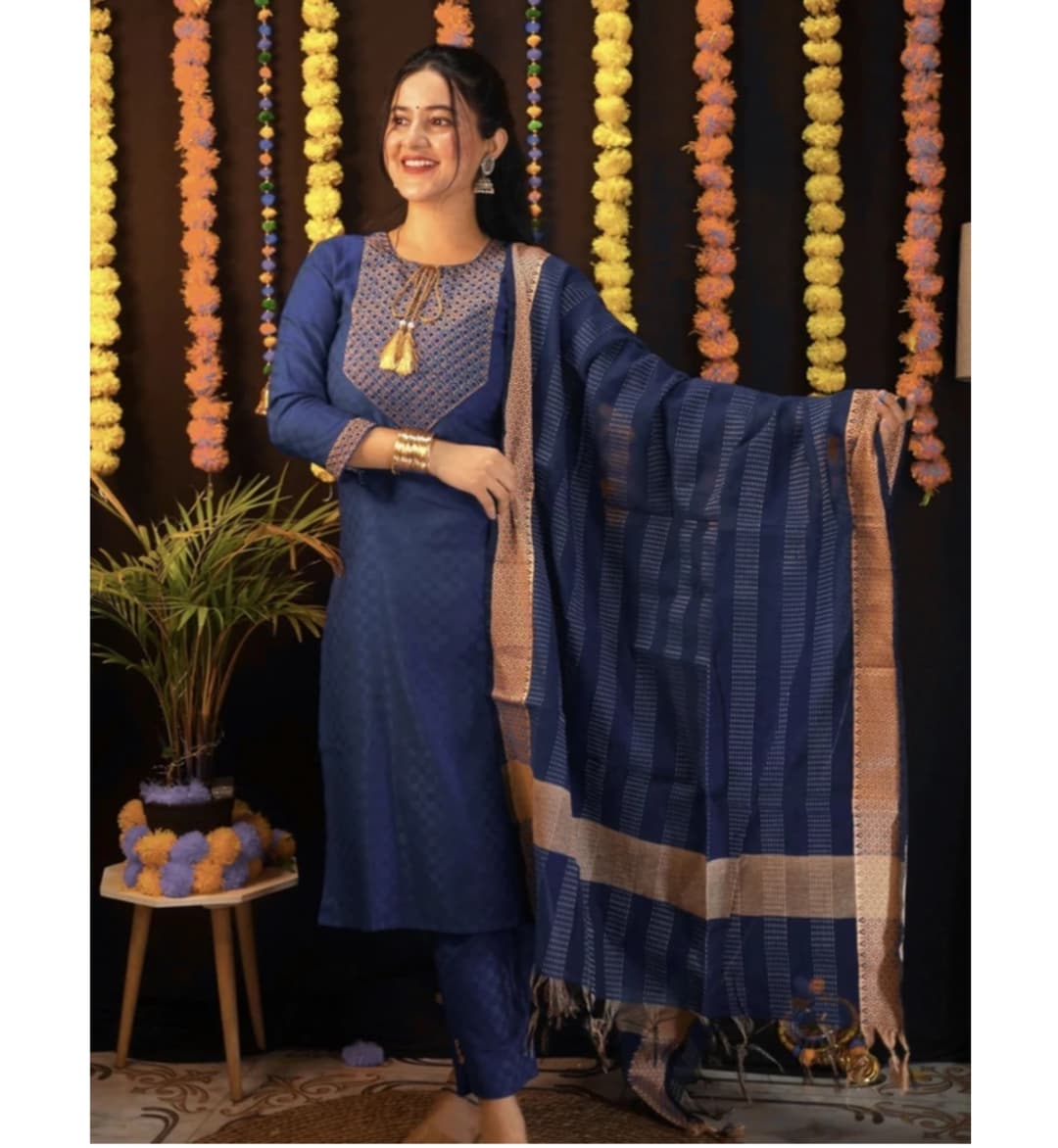 Awafu Readymade Women Wool Cotton Kurti Pant Dupatta Set , Kurta Salwar