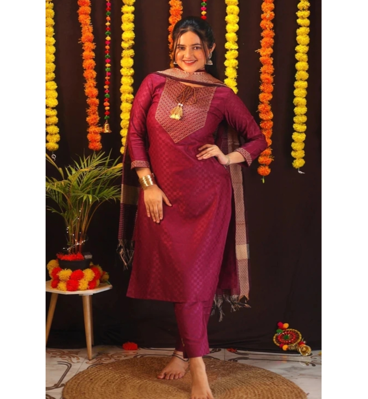 Awafu Readymade Women Wool Cotton Kurti Pant Dupatta Set , Kurta Salwar 2