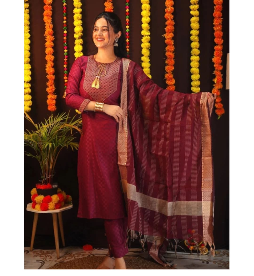 Awafu Readymade Women Wool Cotton Kurti Pant Dupatta Set , Kurta Salwar 5