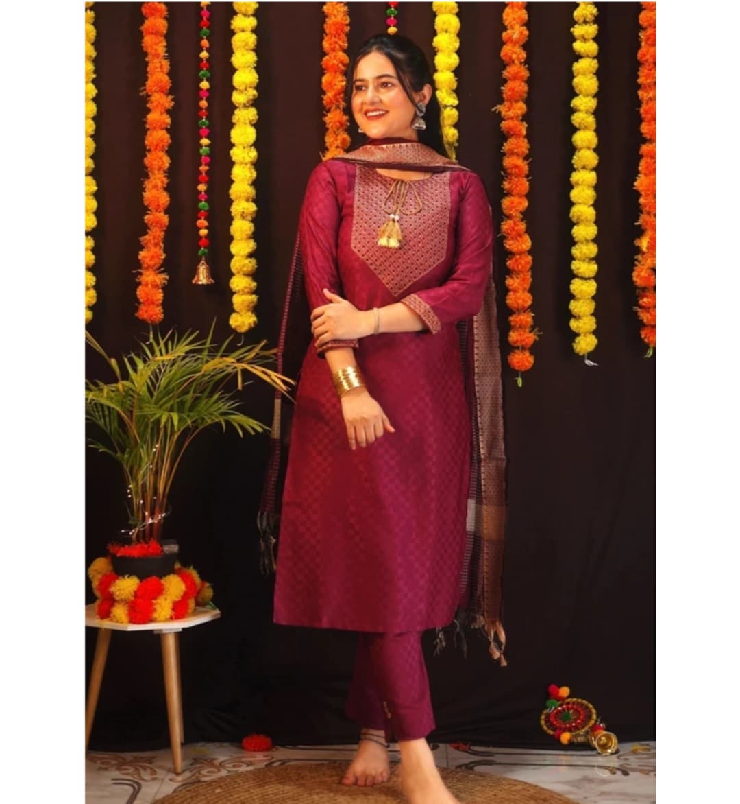 Awafu Readymade Women Wool Cotton Kurti Pant Dupatta Set , Kurta Salwar 4