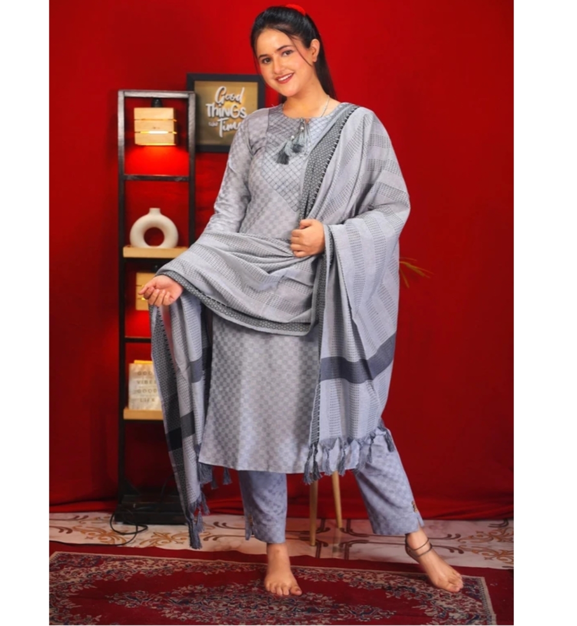 Awafu Readymade Women Wool Cotton Kurti Pant Dupatta Set , Kurta Salwar 5