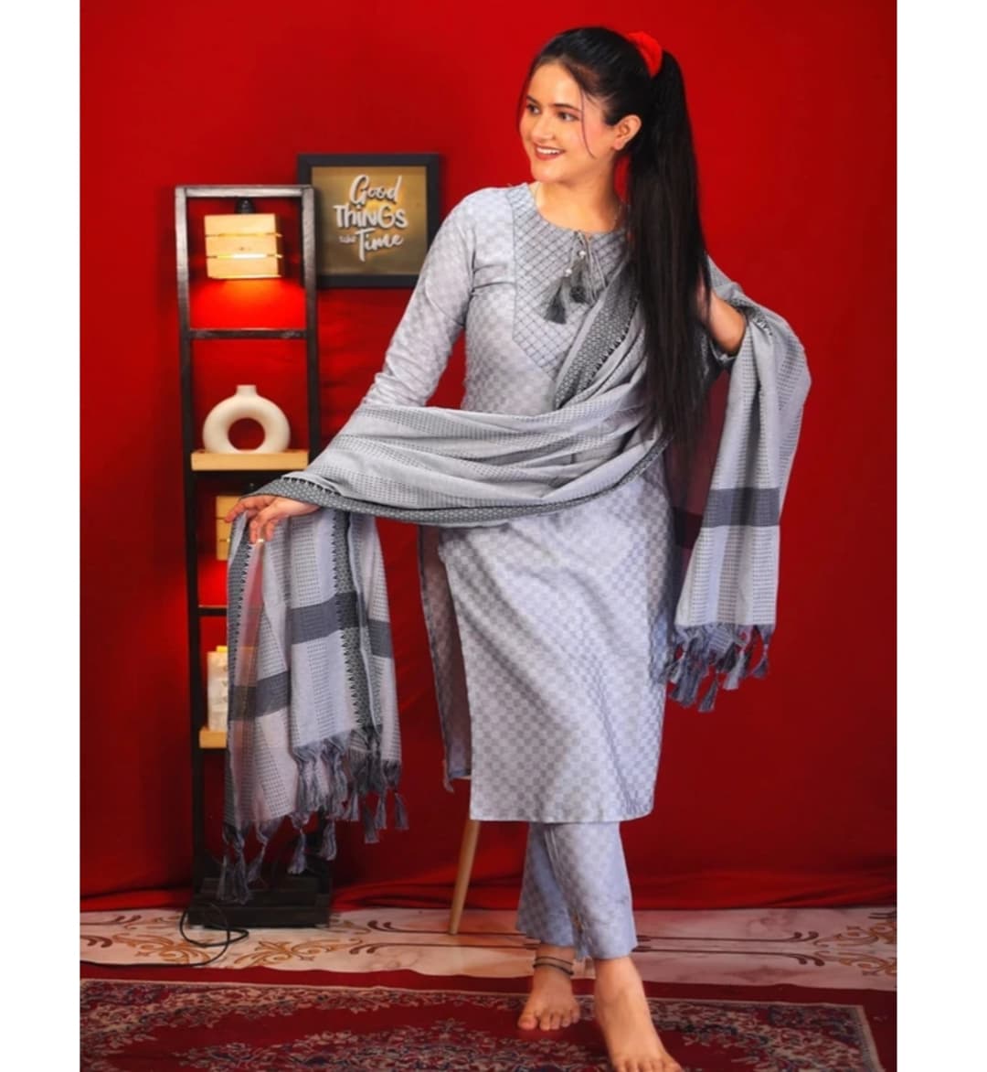 Awafu Readymade Women Wool Cotton Kurti Pant Dupatta Set , Kurta Salwar